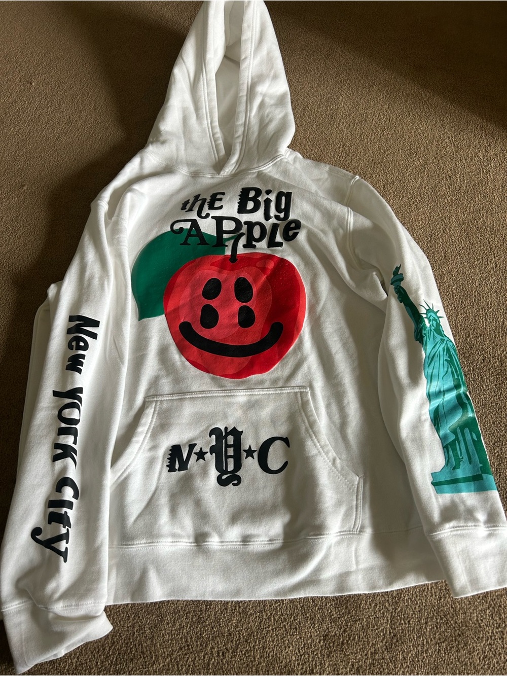 White "The Big Apple" Graphic Hoodie with Red Apple